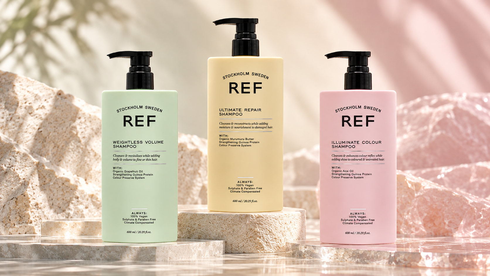 REF Stockholm Weightless Volume Ultimate Repair ve Illuminate Colour şampuanları