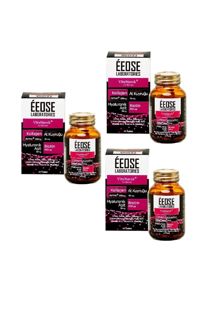 Collagen Tablet Kollajen Hyaluronik Asit Atkuyruğu Biotin C Vitamini 45 Tablet 3 Adet