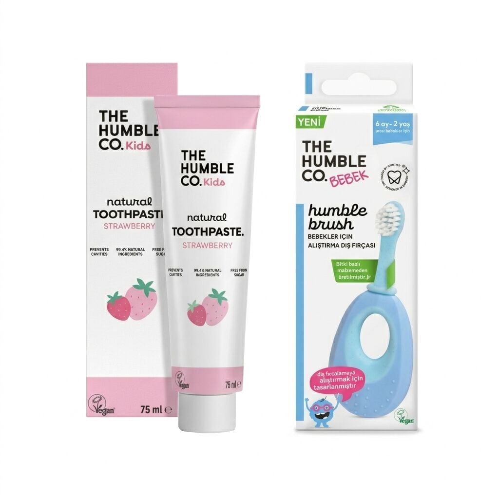 The Humble Co. Çilek Aromalı Çoçuk Diş Macunu 70 Ml + Brush Baby Alıştırma Diş Fırçası - Mavi