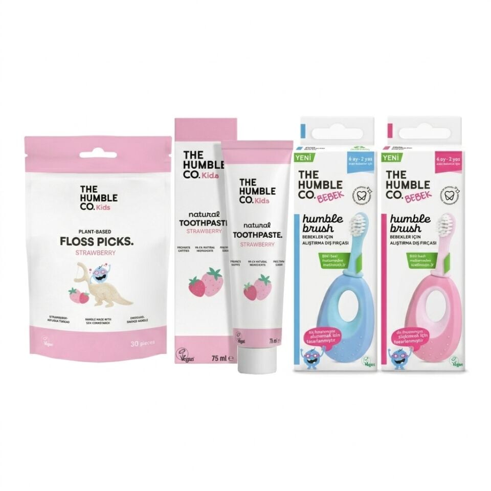 The Humble Co. Bebek & Çocuk Ağız Bakım Seti - Mavi & Pembe Fırça, Çilek Macun 70 ml, Diş İpi 30'lu