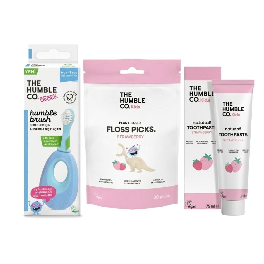 The Humble Co. Bebek & Çocuk Ağız Bakım Seti - Mavi Fırça, Çilekli Macun 70 ml, Diş İpi 30'lu