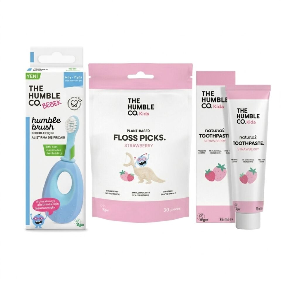 The Humble Co. Bebek & Çocuk Ağız Bakım Seti - Mavi Fırça, Çilekli Macun 70 ml, Diş İpi 30'lu
