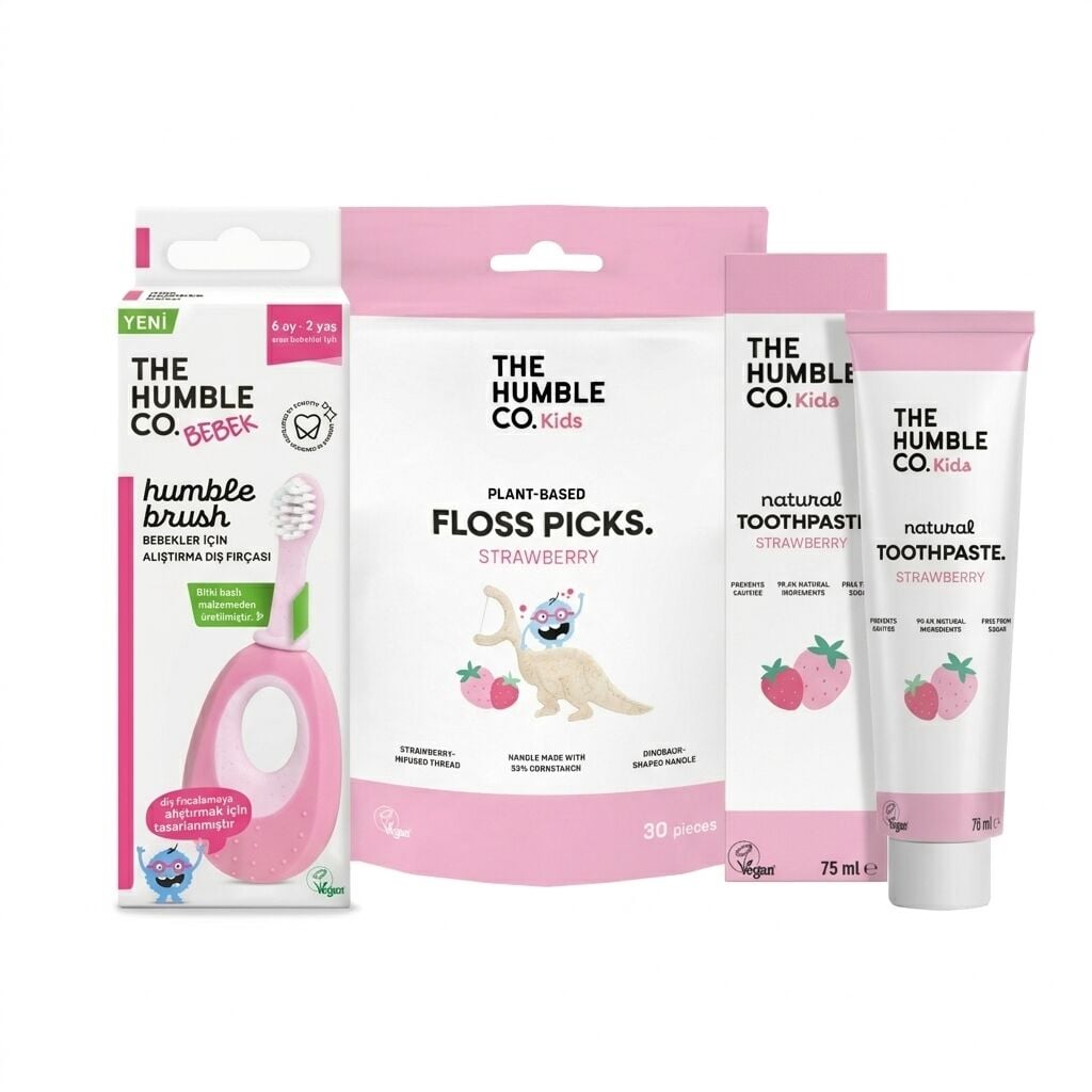 The Humble Co. Bebek & Çocuk Ağız Bakım Seti - Pembe Fırça, Çilekli Macun 70 ml, Diş İpi 30'lu