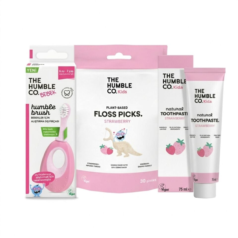 The Humble Co. Bebek & Çocuk Ağız Bakım Seti - Pembe Fırça, Çilekli Macun 70 ml, Diş İpi 30'lu