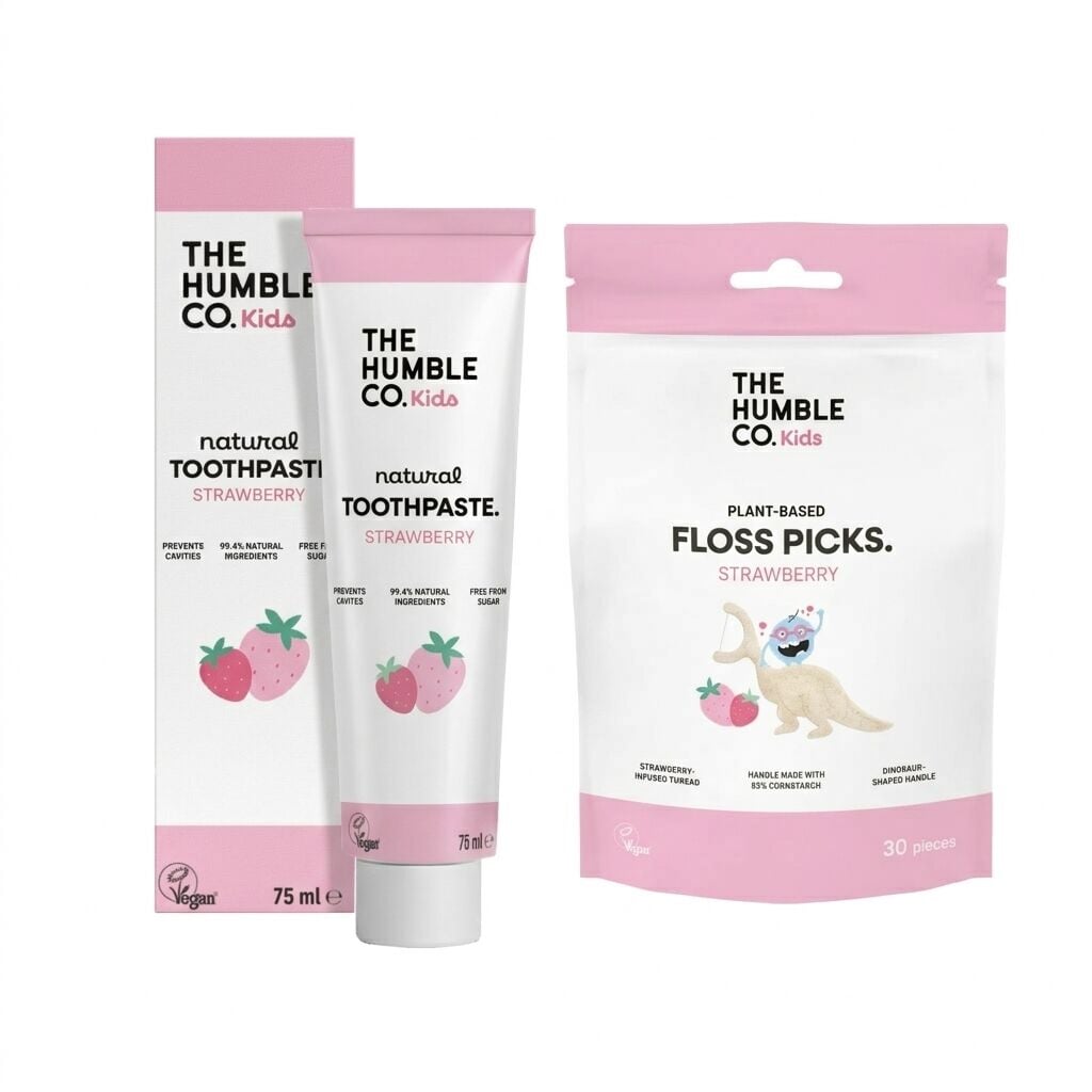 The Humble Co. Çocuk Ağız Bakım Seti - Çilek Aromalı Macun 70 ml & Kürdanlı Diş İpi 30'lu