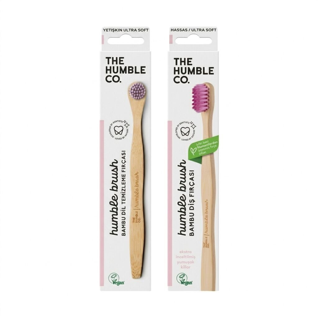 The Humble Co. Hijyen Seti - Ultra Soft Mor Diş Fırçası & Pembe Dil Fırçası