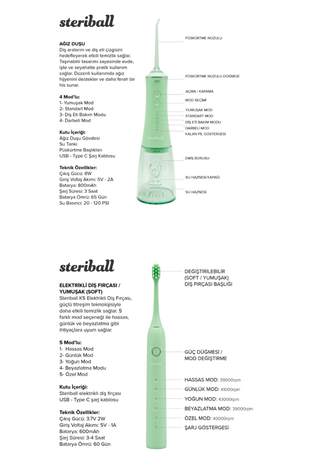 Steriball Tam Kapsamlı Ağız Bakım Seti (Şarjlı Ağız Duşu + Elektrikli Diş Fırçası) - Yeşil