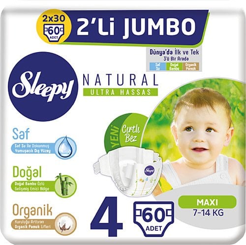 Sleepy Natural 4 Numara Maxi Jumbo 60'lı Bebek Bezi