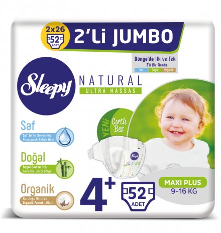 Sleepy Natural Bebek Bezi İkili Jumbo Maxi Plus 4+ Beden 52 Adet
