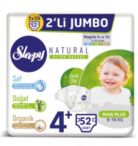 Sleepy Natural Bebek Bezi İkili Jumbo Maxi Plus 4+ Beden 52 Adet