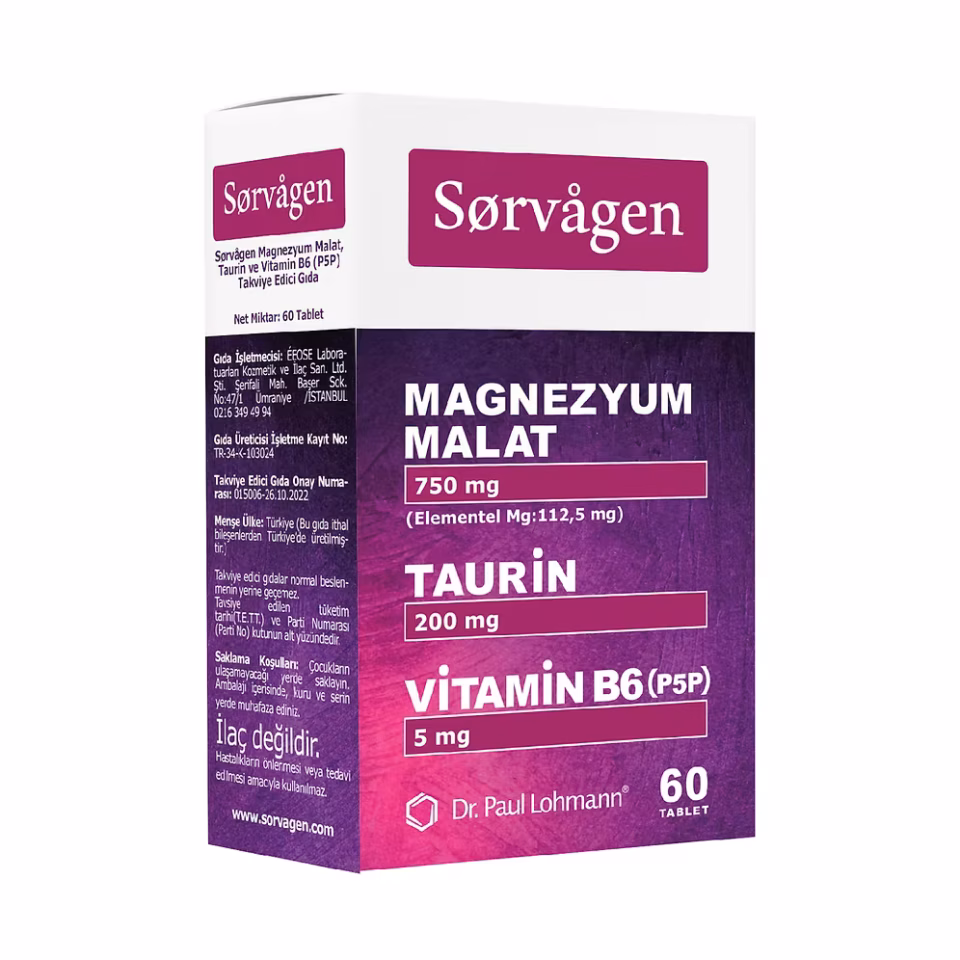 Sorvagen Magnezyum Malat, Taurin Ve Vitamin B6 (p5p) 60 Tablet