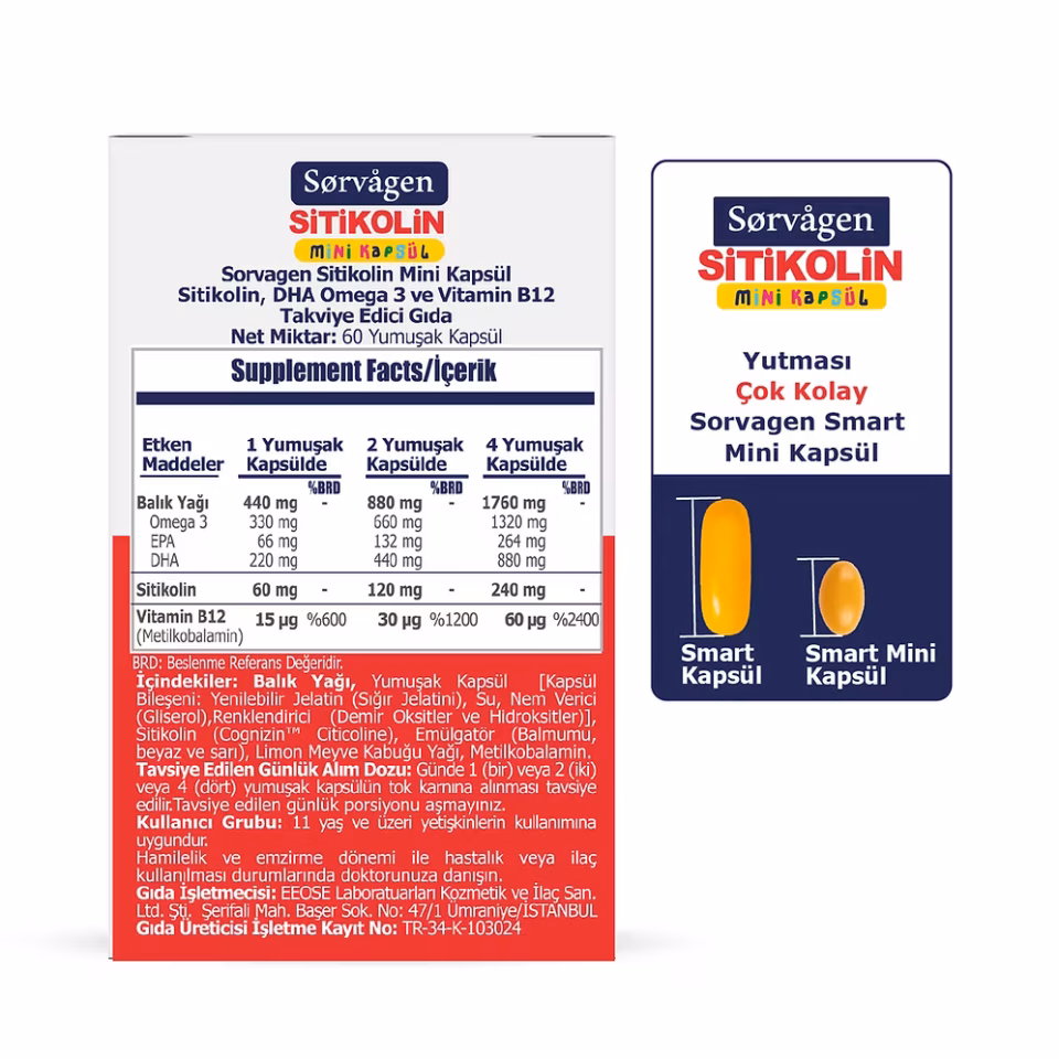 Sorvagen smart Mini Kapsül, Dha Omega 3 Ve B12 (60 Kapsül)