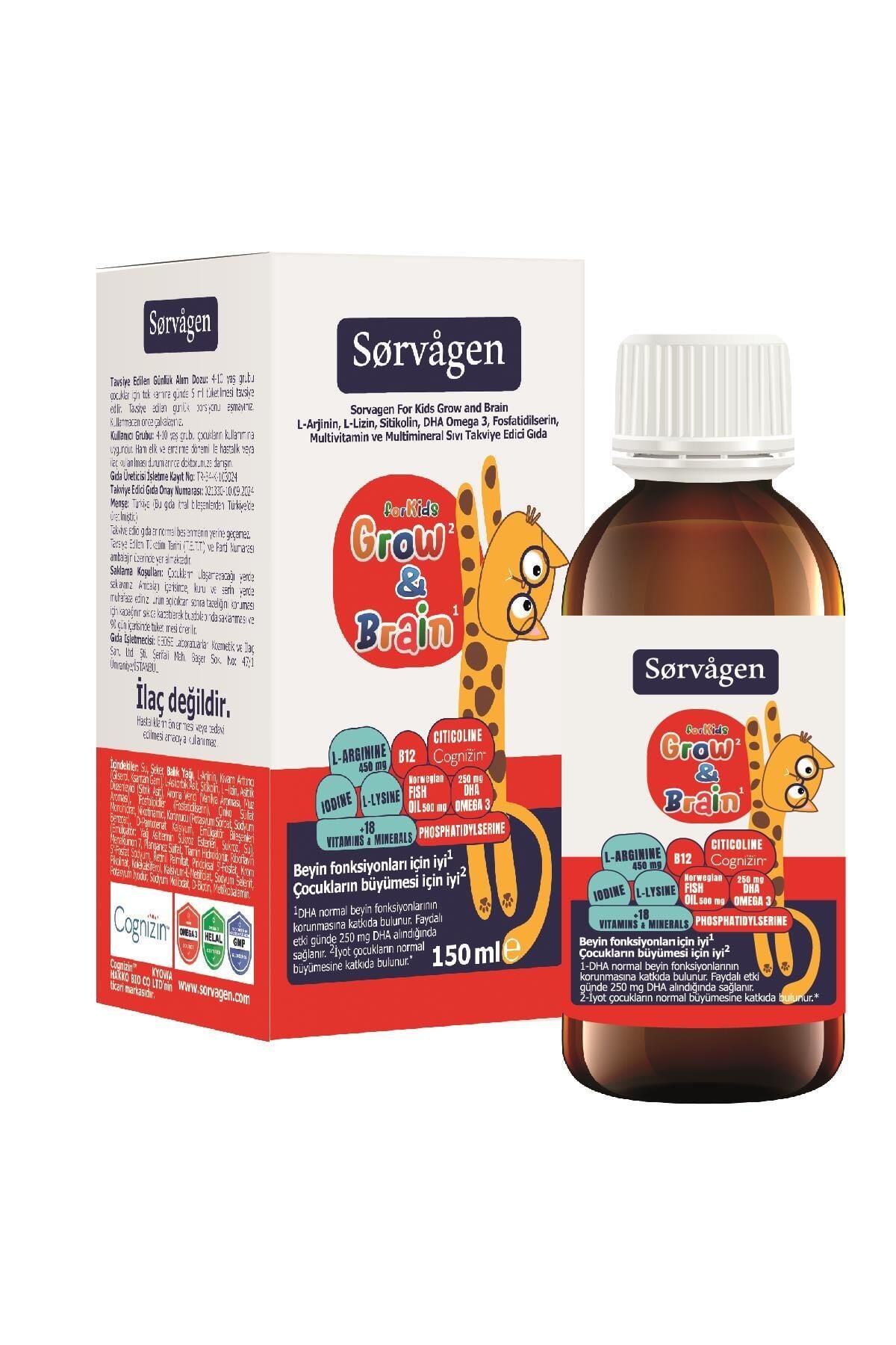 Sorvagen Grow & Brain L-Arjinin, Sitikolin, Fosfatidilserin ve Multivitamin İçeren Sıvı Takviye Edici Gıda 150 mL -1 Şişe