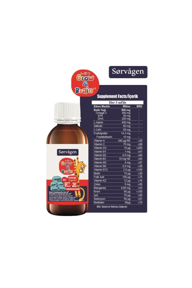 Sorvagen Grow & Brain L-Arjinin, Sitikolin, Fosfatidilserin ve Multivitamin İçeren Sıvı Takviye Edici Gıda 150 mL -1 Şişe