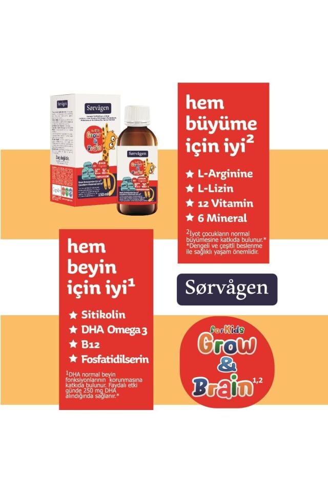 Sorvagen Grow & Brain L-Arjinin, Sitikolin, Fosfatidilserin ve Multivitamin İçeren Sıvı Takviye Edici Gıda 150 mL -1 Şişe