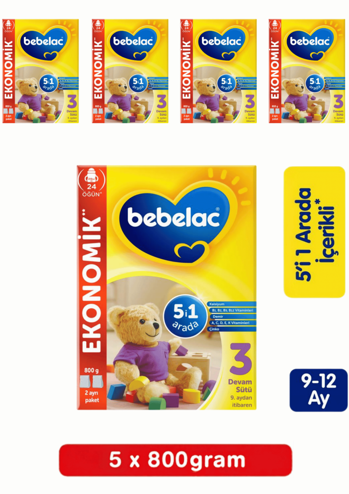 Bebelac 3 Bebek Devam Sütü 800 Gr 5 Li