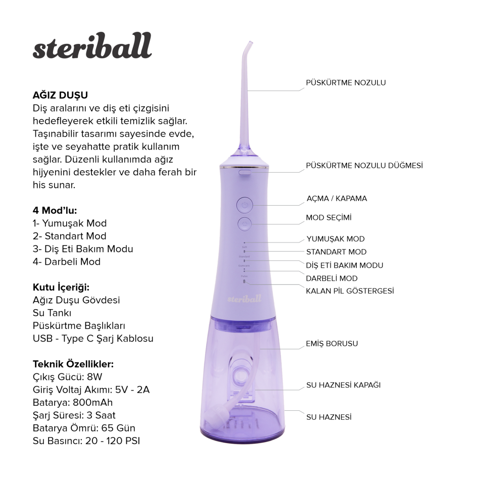 Steriball Şarjlı Ağız Duşu ve Diş Temizleme Cihazı - Lila