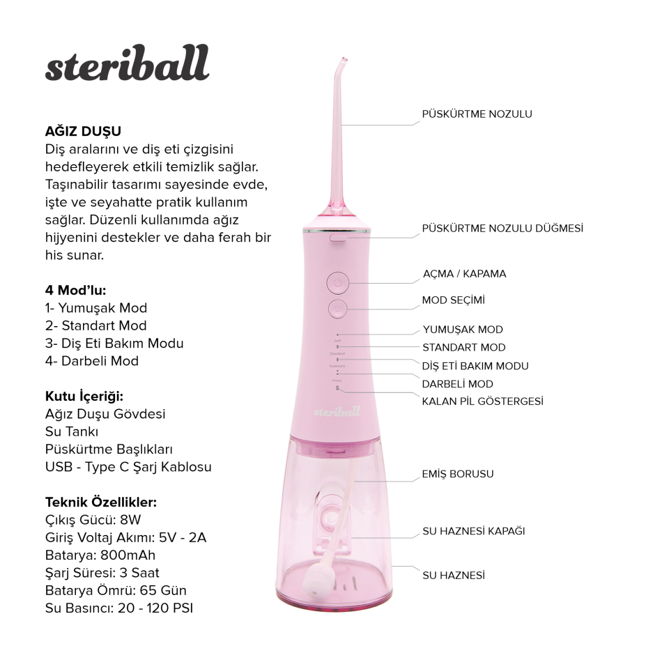 Steriball Şarjlı Ağız Duşu ve Diş Temizleme Cihazı - Pembe