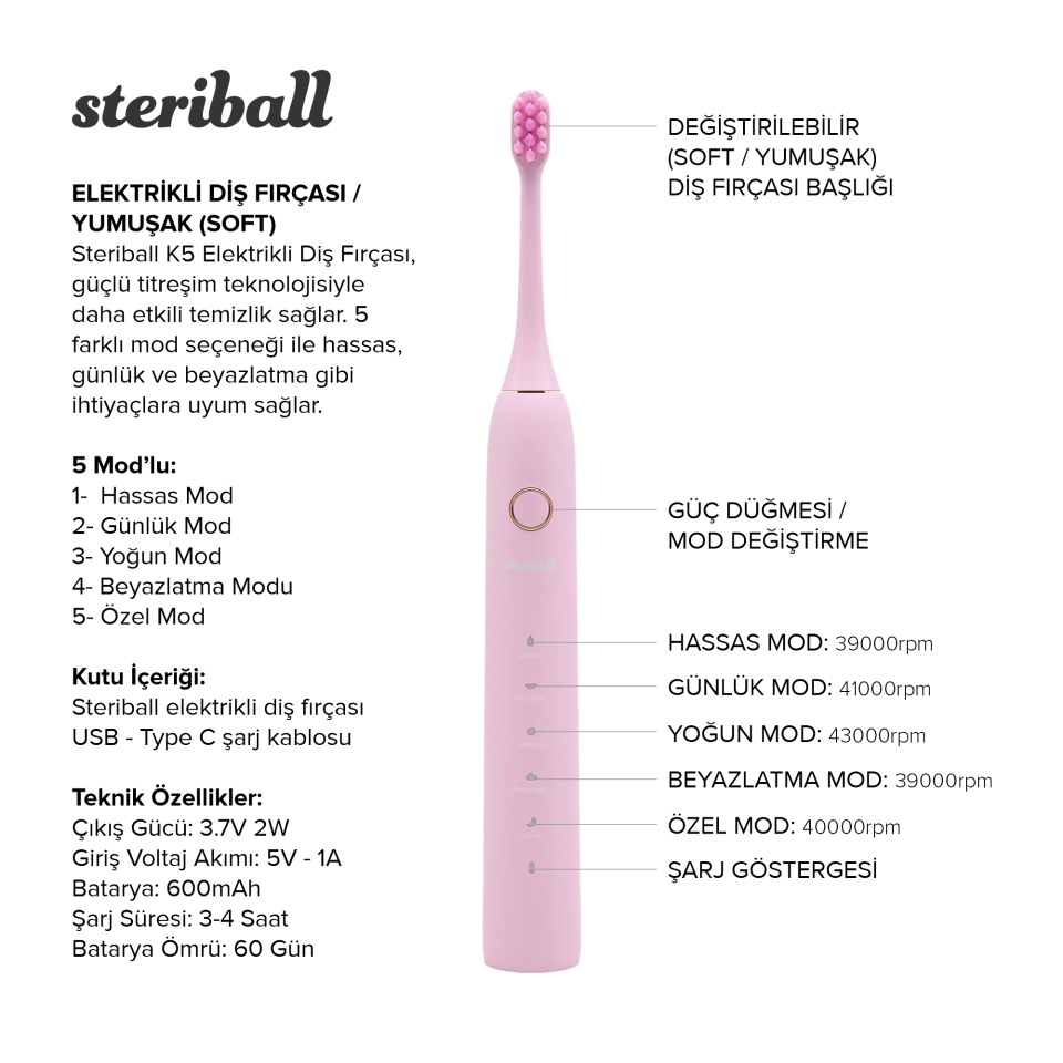 Steriball Şarjlı Elektrikli Diş Fırçası - Pembe