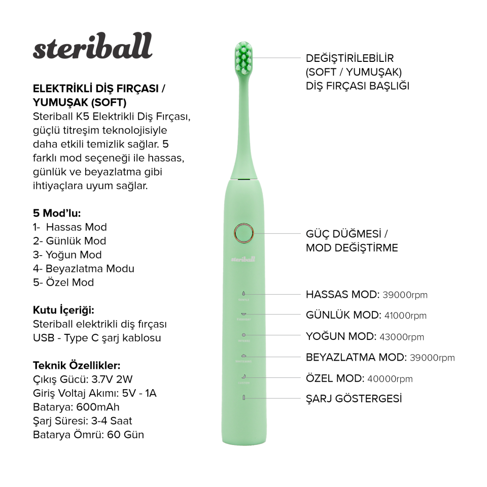 Steriball Şarjlı Elektrikli Diş Fırçası - Yeşil