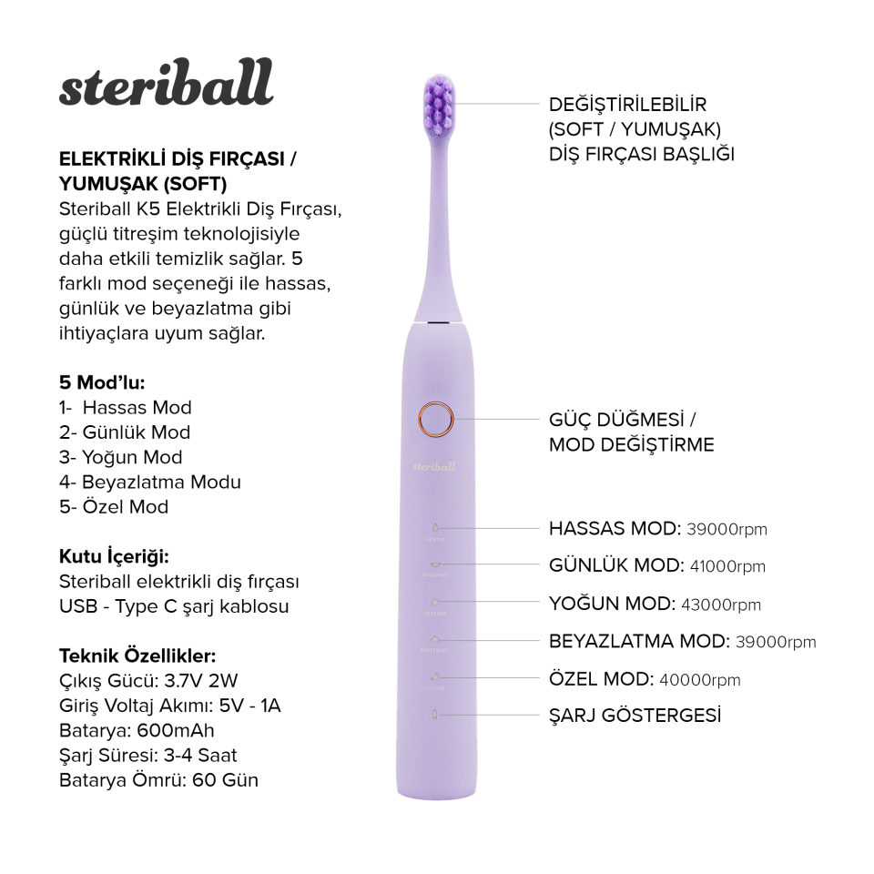 Steriball Şarjlı Elektrikli Diş Fırçası - Lila